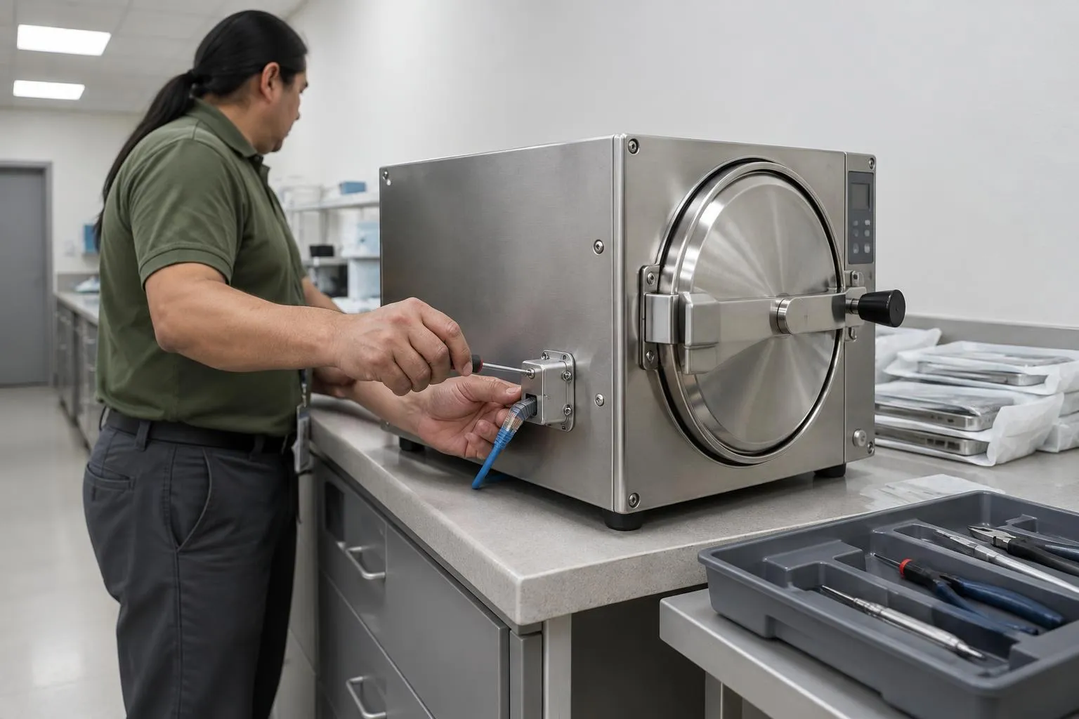 Dental IT specialist secures a sterilizer’s network-port cover, with tools kept apart from wrapped instruments.