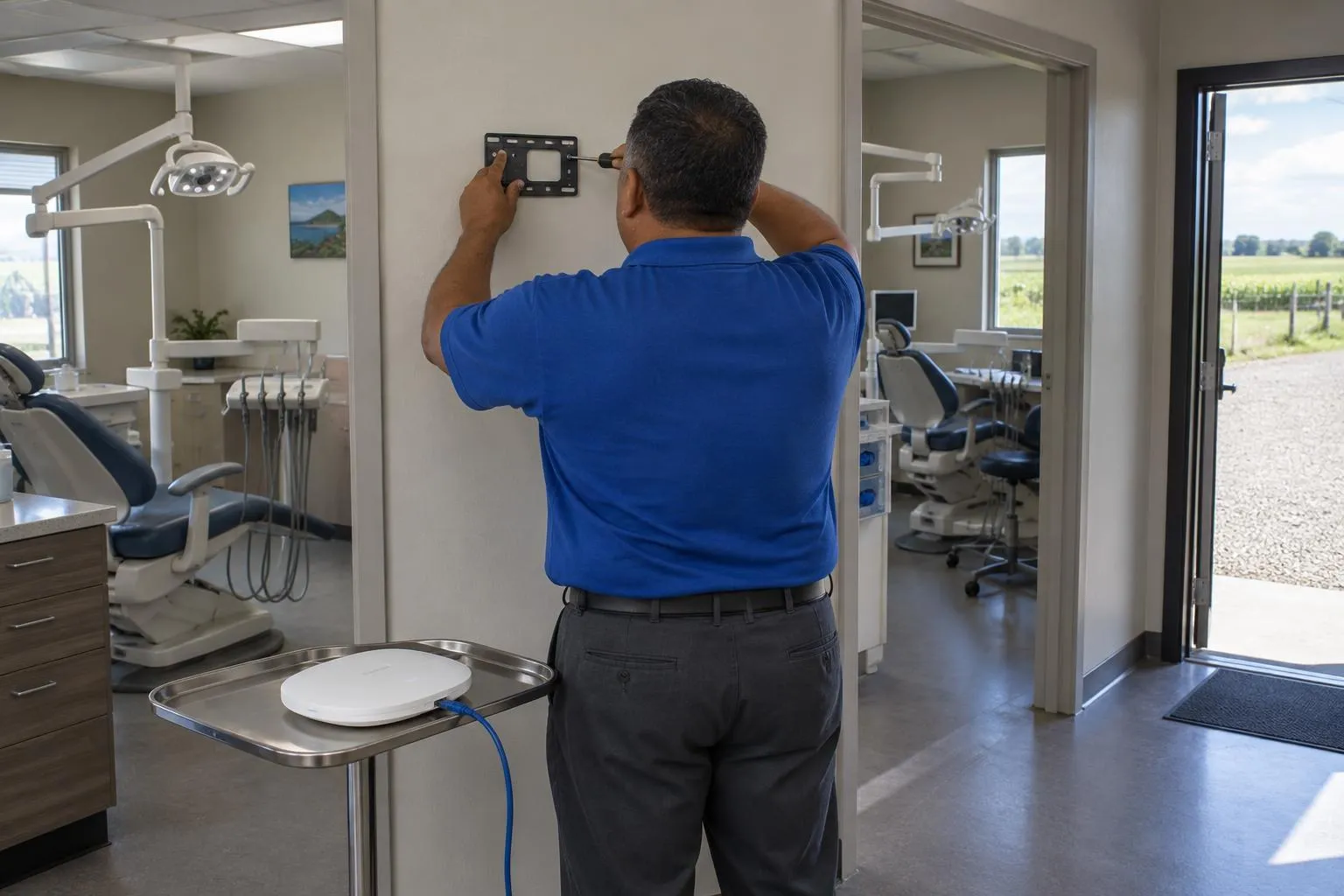 Dental IT technician mounts a wireless access point in a small rural practice, with green fields beyond an open door.