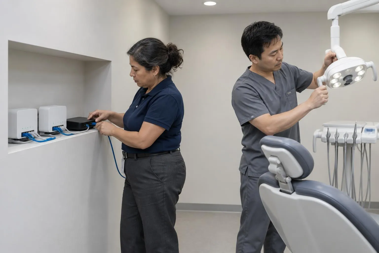 Dental IT specialist connects a backup internet feed while a dentist prepares one of several treatment bays.