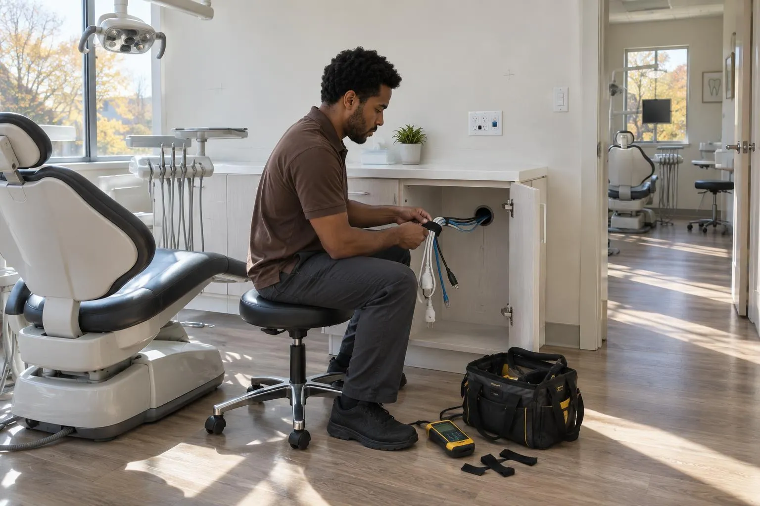 A technician on a low stool neatly straps a bundle of cables inside an open cabinet in a bright new dental treatment room.