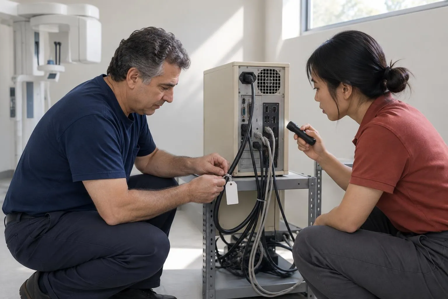 A practice manager ties a tag to a cable on an older computer tower while a dental IT specialist lights the wiring.