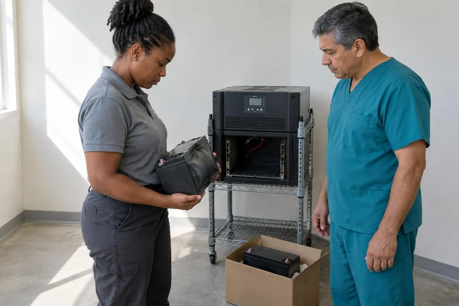 A dental IT specialist holds a swollen old battery pulled from a power-backup unit while a dentist looks on in a utility nook.