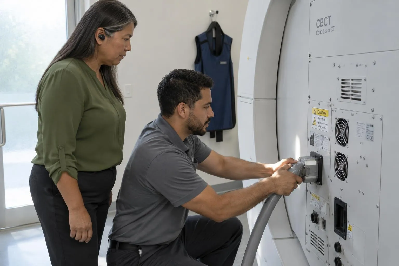 A technician's hands press a loose imaging cable connector into a cone beam scanner as a practice manager in an earpiece watches.